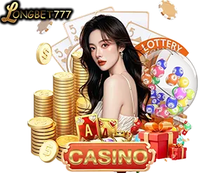 ผู้หญิงหันหลัง กับกองเหรียญทอง ลอตเตอรี่ และป้าย CASINO