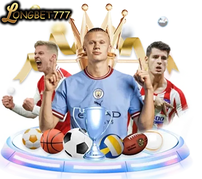 นักฟุตบอลชูถ้วยรางวัล มีมงกุฎทองและลูกบอลกีฬาหลายชนิด โลโก้ LONGBET777